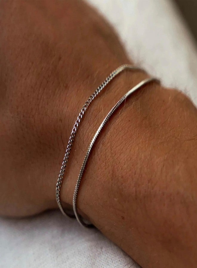 Moodear Thin 8In Mens Bracelet Sets - Dainty Stackable 925 Sterling Silver Cuban Link Snake Chain Trendy Mens Bracelets Jewelry - Image 5